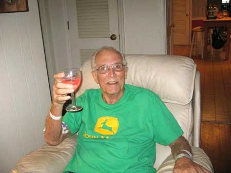 Dad could not drink wine his first visit back home so Mom made him a glass
 of Rasberry Cola. Cheers!